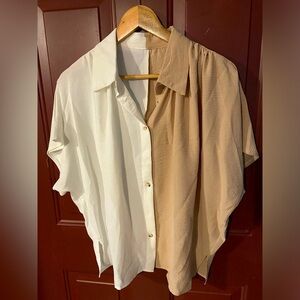Two Tone Batwing Sleeve Button Front Shirt